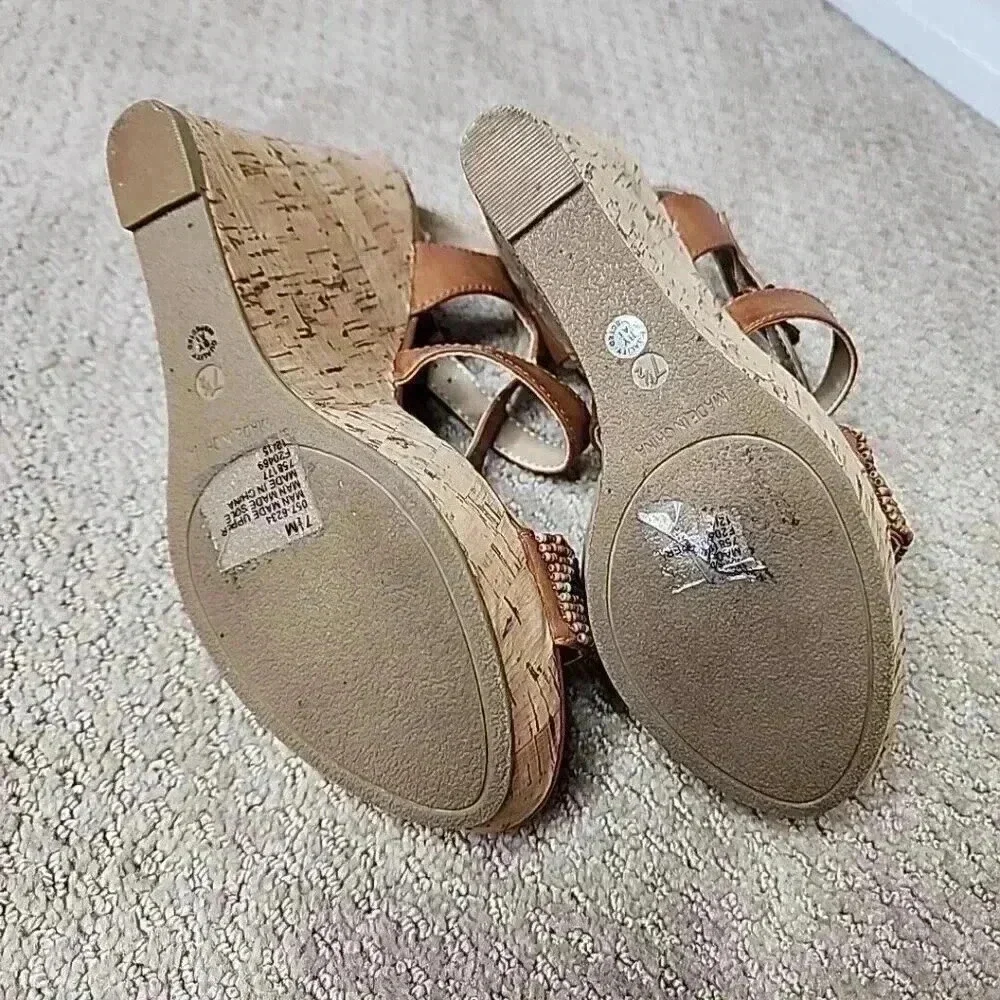 A.N.A‎ A NEW APPROACH BEADED WEDGE SANDALS Heels Brown Blue Cork 7.5 Boho resort